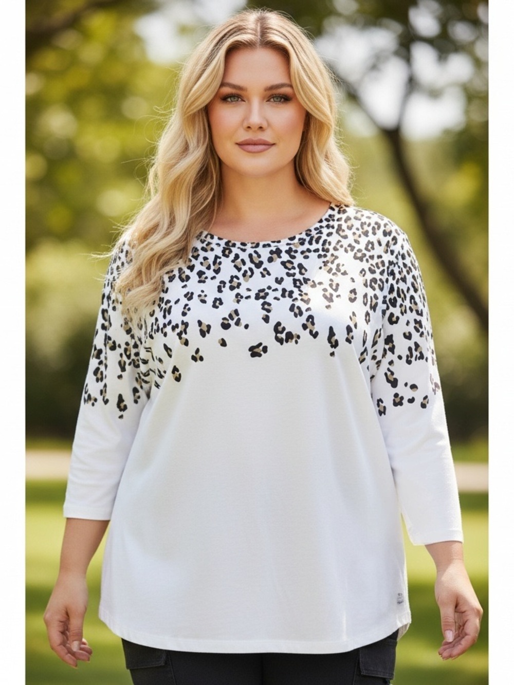 Kim Rogers Plus Size 4X White & Black Leopard Print Scoop Neck Top 100% Cotton - Picture 3 of 9